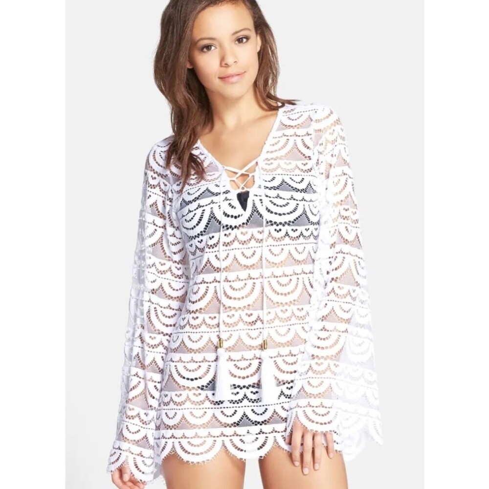 PQ Swim White Lace Crochet Tunic Coverup with Tassel Tie